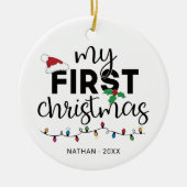 名前が写真の初めてのクリスマス セラミックオーナメント (正面)