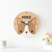 名前が大きいパーソナライズされたかわいいコギ犬 ラージ壁時計 (ホーム)