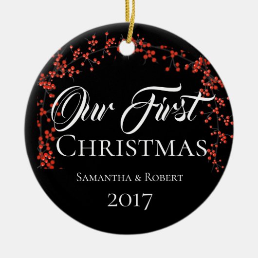 名前が日付のカップル初めてのクリスマス セラミックオーナメント (正面)