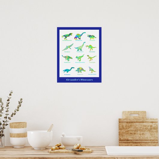 名前が青い緑の恐竜エデュケーショナル ポスター (キッチン)