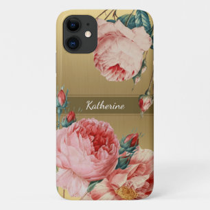 名前がMonogramの金ゴールドのヴィンテージバラ iPhone 11 ケース