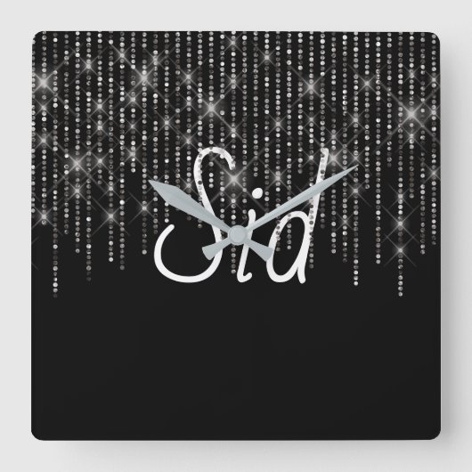 名前きらきら光る付きRhinestone スクエア壁時計 (正面)