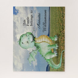 名前でパーソナライズされた可愛い緑の恐竜 ジグソーパズル