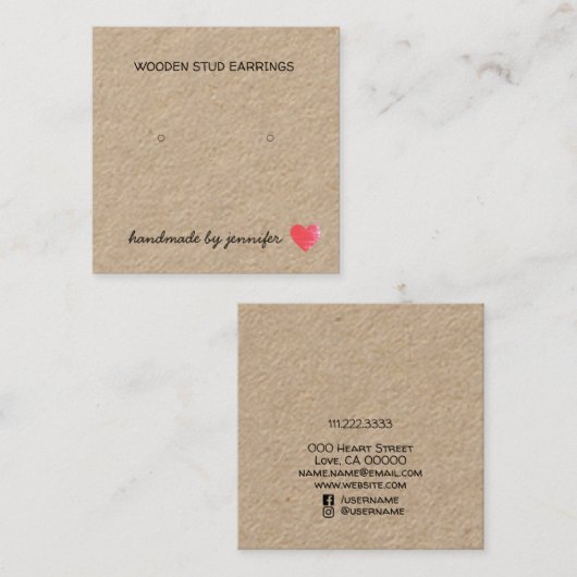 名前で手作りのハートが大好きでイヤリングスタッドホルダー スクエア名刺 (正面/裏面)