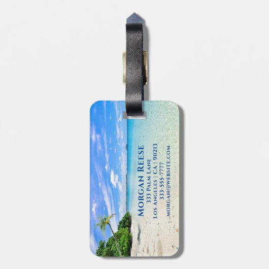 名前とアドレスのカスタマイズ，サンディビーチヤシの木 ラゲッジタグ (裏面縦)