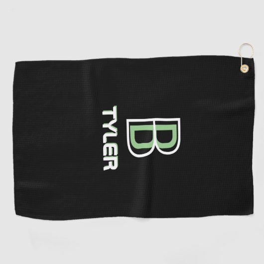 名前とイニシャルのパーソナライズ白とセージ、黒 ゴルフタオル (横)