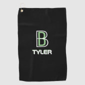 名前とイニシャルのパーソナライズ白とセージ、黒 ゴルフタオル (正面)