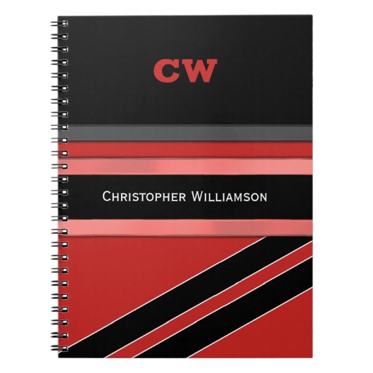 名前とイニシャルの赤い黒いオフィスを追加 ノートブック (正面)