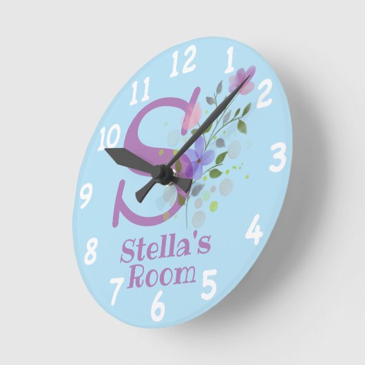 名前とイニシャルを持つフローラデザインの時計 ラウンド壁時計 (傾斜)