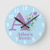 名前とイニシャルを持つフローラデザインの時計 ラウンド壁時計 (正面)