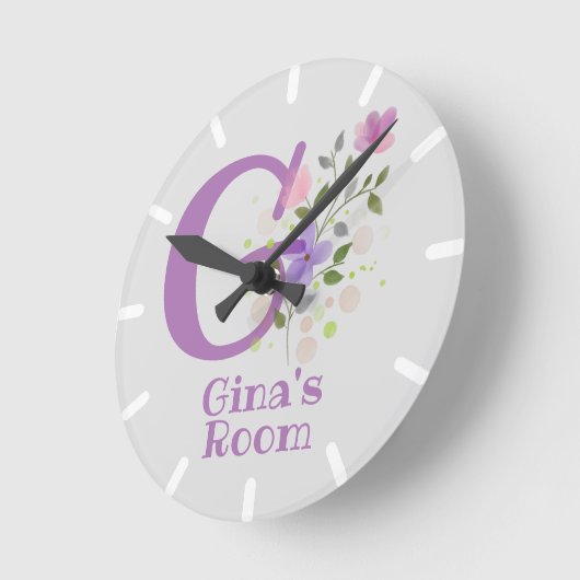名前とイニシャルを持つフローラデザインの時計 ラウンド壁時計 (傾斜)