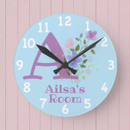 名前とイニシャルを持つフローラデザインの時計 ラウンド壁時計