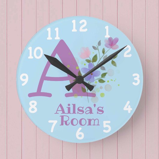 名前とイニシャルを持つフローラデザインの時計 ラウンド壁時計