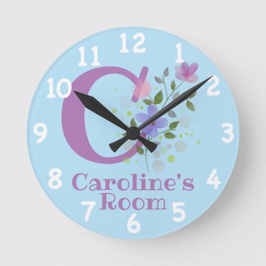 名前とイニシャルを持つフローラデザインの時計 ラウンド壁時計 (正面)