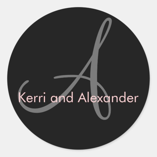 名前とイニシャルモノグラムステッカー黒とピンク ラウンドシール (正面)