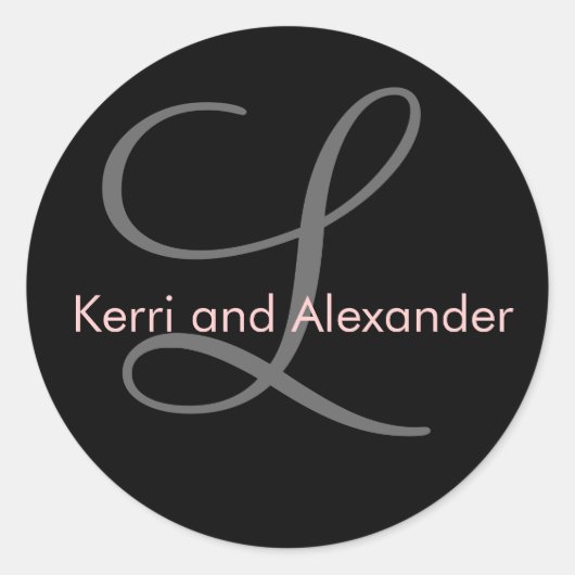 名前とイニシャルモノグラムステッカー黒とピンク ラウンドシール (正面)