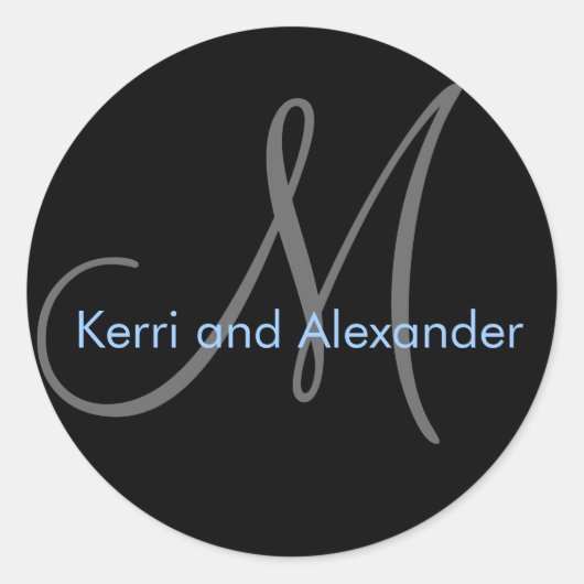 名前とイニシャルモノグラムステッカー黒と青 ラウンドシール (正面)