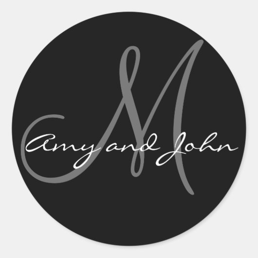 名前とイニシャルモノグラム結婚のステッカーブラック ラウンドシール (正面)