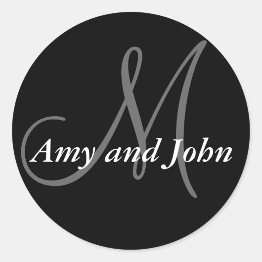 名前とイニシャルモノグラム結婚のステッカーブラック ラウンドシール (正面)