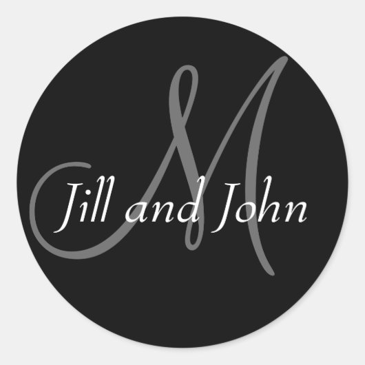 名前とイニシャルモノグラム結婚のステッカーブラック ラウンドシール (正面)