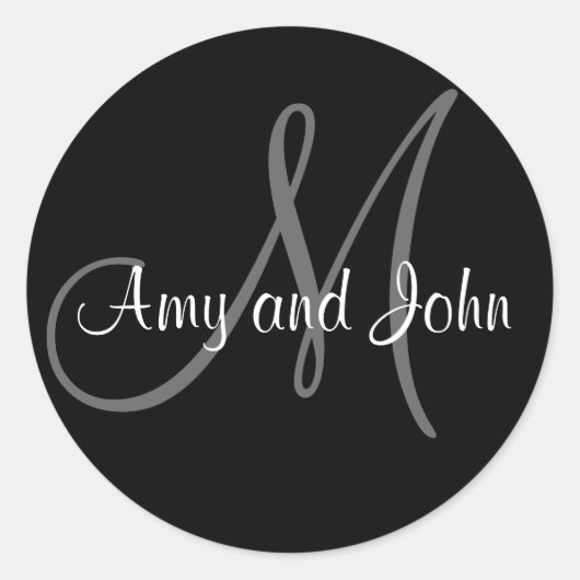 名前とイニシャルモノグラム結婚のステッカーブラック ラウンドシール (正面)