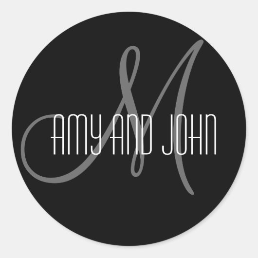 名前とイニシャルモノグラム結婚のステッカーブラック ラウンドシール (正面)