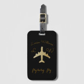 名前とイニシャル、ゴールデントラベル付き飛行機 ラゲッジタグ (正面縦)