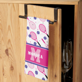名前とイニシャル、ピンクと紫のテニスラケット キッチンタオル