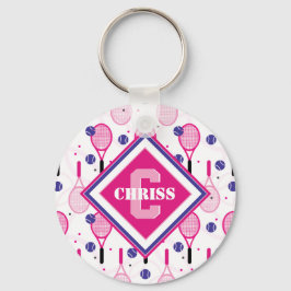 名前とイニシャル、ピンクと紫のテニスラケット キーホルダー
