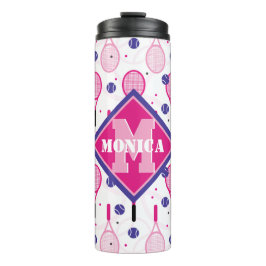 名前とイニシャル、ピンクと紫のテニスラケット タンブラー