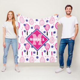 名前とイニシャル、ピンクと紫のテニスラケット フリースブランケット