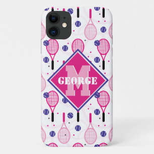 名前とイニシャル、ピンクと紫のテニスラケット iPhone 11 ケース