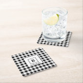 名前とイニシャル、白黒バッファローチェック(6) スクエアペーパーコースター (インサイチュ)