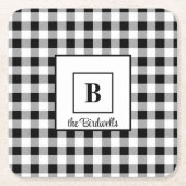 名前とイニシャル、白黒バッファローチェック(6) スクエアペーパーコースター (正面)