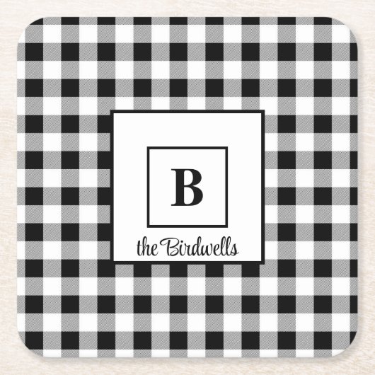 名前とイニシャル、白黒バッファローチェック(6) スクエアペーパーコースター (正面)