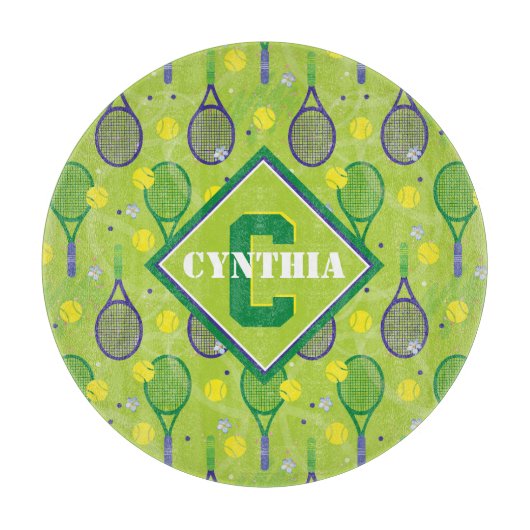 名前とイニシャル、緑と紫のテニスラケット カッティングボード (正面)