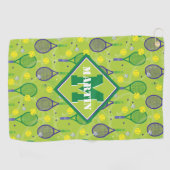 名前とイニシャル、緑と紫のテニスラケット  ゴルフタオル (横)