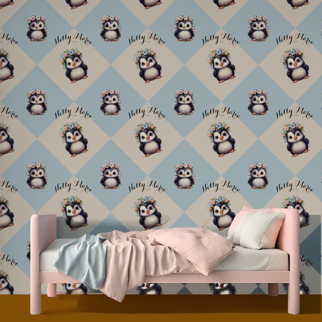 名前とオプションのバイリンガルテキスト付きかわいいペンギン 壁紙 (Bilingual Spanish Cute penguins custom name & personalized wallpaper.  Multilingual Project)