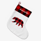 名前とクマの赤い格子柄 ラージクリスマスストッキング (正面 (吊り時))