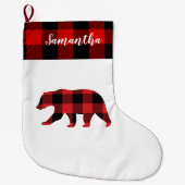 名前とクマの赤い格子柄 ラージクリスマスストッキング (正面)