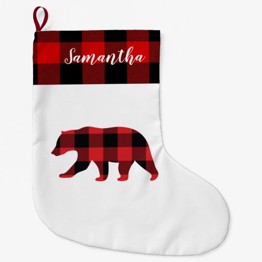 名前とクマの赤い格子柄 ラージクリスマスストッキング (正面)