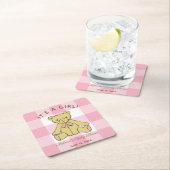 名前とデートの赤ちゃんシャワーガールベア スクエアペーパーコースター (インサイチュ)