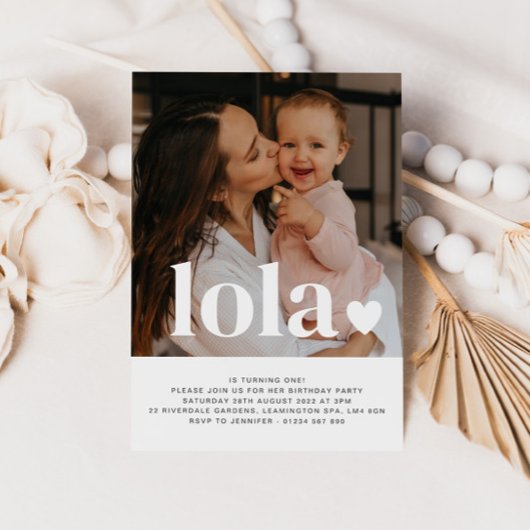 名前とハートの写真 ファースト バースデー招待状 招待状