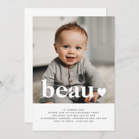 名前とハートのPhoto First誕生日招待状  招待状 (正面/裏面)