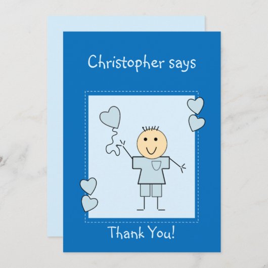 名前とハート青の小さな少年 サンキューカード (正面/裏面)