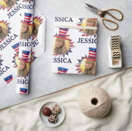 名前とフォトアメリカンUSAパターンのパーソナライズ ラッピングペーパー