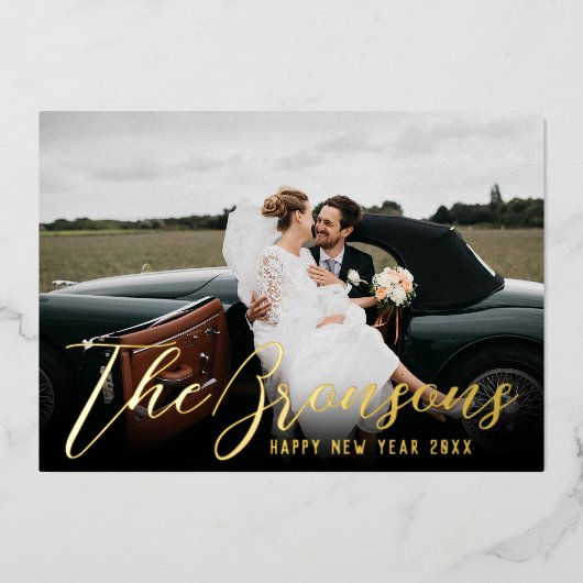 名前とメッセージが入ったハッピー・ニュー・イヤー写真 ゴールド 箔シーズンカード (正面)