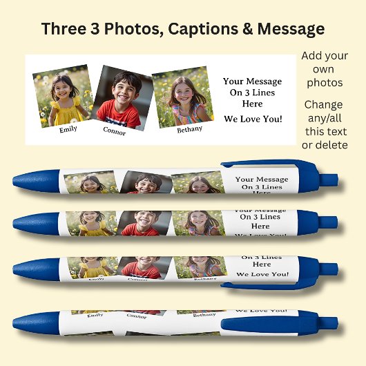 名前とメッセージが青の上に白い3枚の写真 青ボールペン