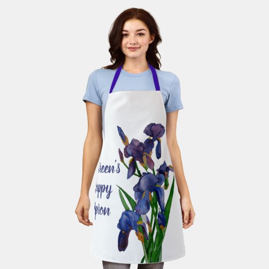 名前とメッセージの紫のアイリスエプロン エプロン (着用した状態)