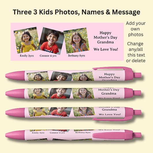 名前とメッセージピンクの黒い写真3枚 青ボールペン
